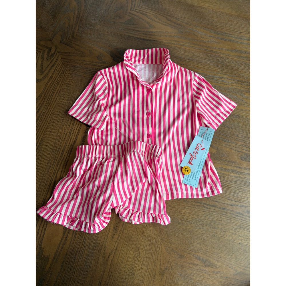 Cat & Jack Girls Pink White Stripe Pajama Set 2pc Button Front Shorts 4T NWT